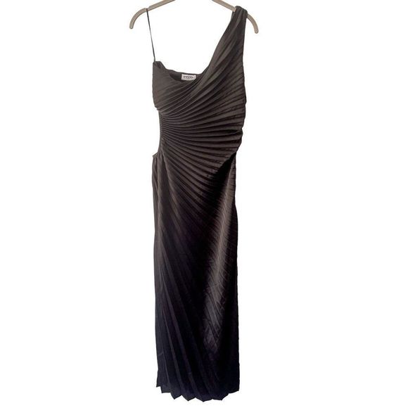 NWT Delfi Collective Solie Pleated One-Shoulder Cutout Sheath Gown Black Maxi - Picture 5 of 8